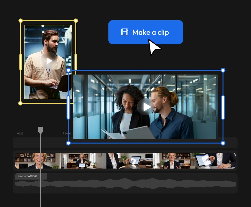Seven staged product surfaces: generating inside the timeline, making a clip, animation and trim controls, the start screen, the creation-type modal, the mobile header, and the full editor with the publish panel open.