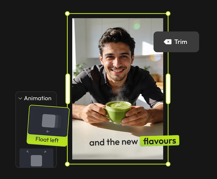 Seven staged product surfaces: generating inside the timeline, making a clip, animation and trim controls, the start screen, the creation-type modal, the mobile header, and the full editor with the publish panel open.