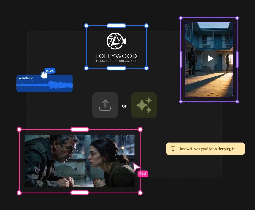 Seven staged product surfaces: generating inside the timeline, making a clip, animation and trim controls, the start screen, the creation-type modal, the mobile header, and the full editor with the publish panel open.