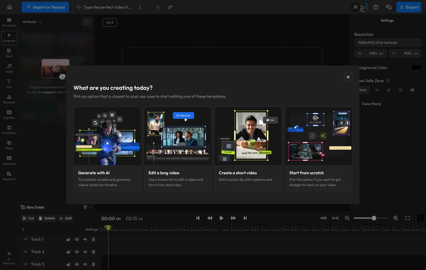 Seven staged product surfaces: generating inside the timeline, making a clip, animation and trim controls, the start screen, the creation-type modal, the mobile header, and the full editor with the publish panel open.