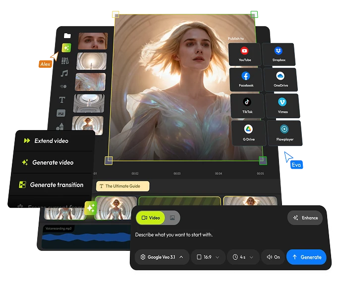 Seven staged product surfaces: generating inside the timeline, making a clip, animation and trim controls, the start screen, the creation-type modal, the mobile header, and the full editor with the publish panel open.