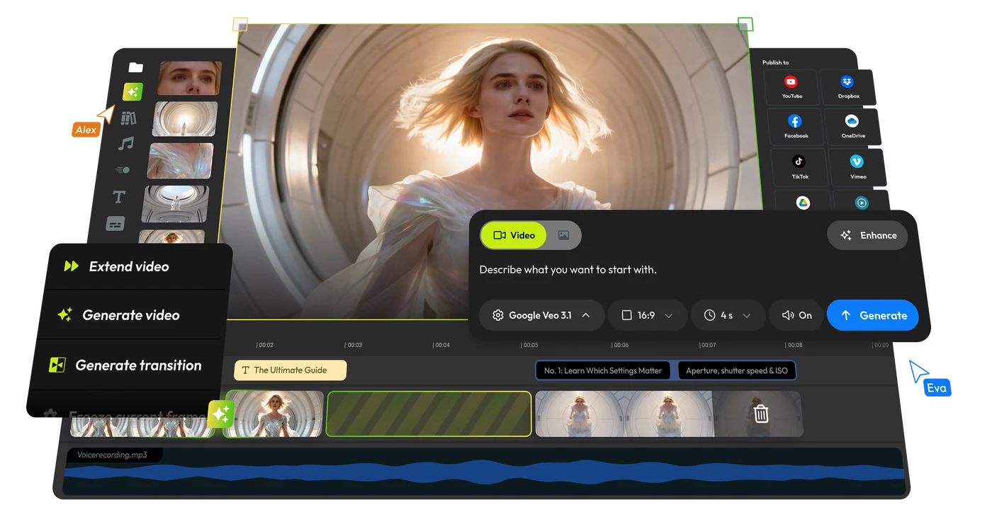 Seven staged product surfaces: generating inside the timeline, making a clip, animation and trim controls, the start screen, the creation-type modal, the mobile header, and the full editor with the publish panel open.