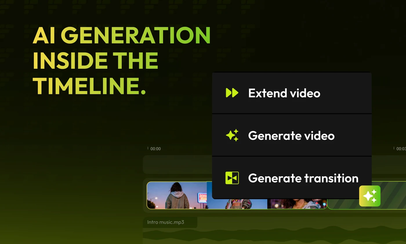 A three-card lime carousel: AI generation inside the timeline; polish without switching tools; finish the video in the same place.