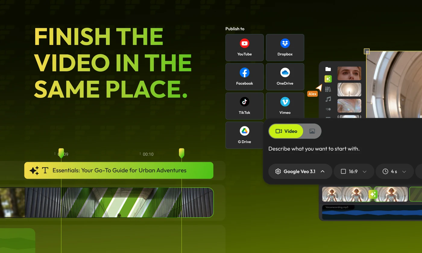 A three-card lime carousel: AI generation inside the timeline; polish without switching tools; finish the video in the same place.