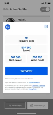 Earnings: cash, wallet credit, and a withdraw button.