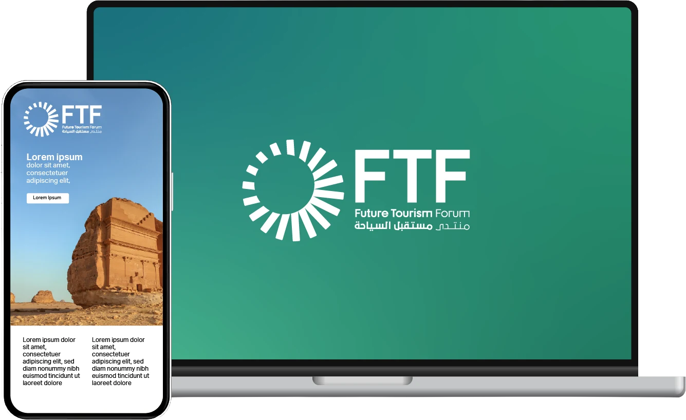 The identity on screen: a full-bleed green desktop holding the FTF lockup, beside a phone showing a bilingual header over a photograph of Hegra.