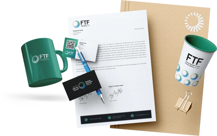 Printed collateral: letterhead, business cards with a QR code, a branded mug, a paper cup and a kraft folder, all carrying the sun mark.