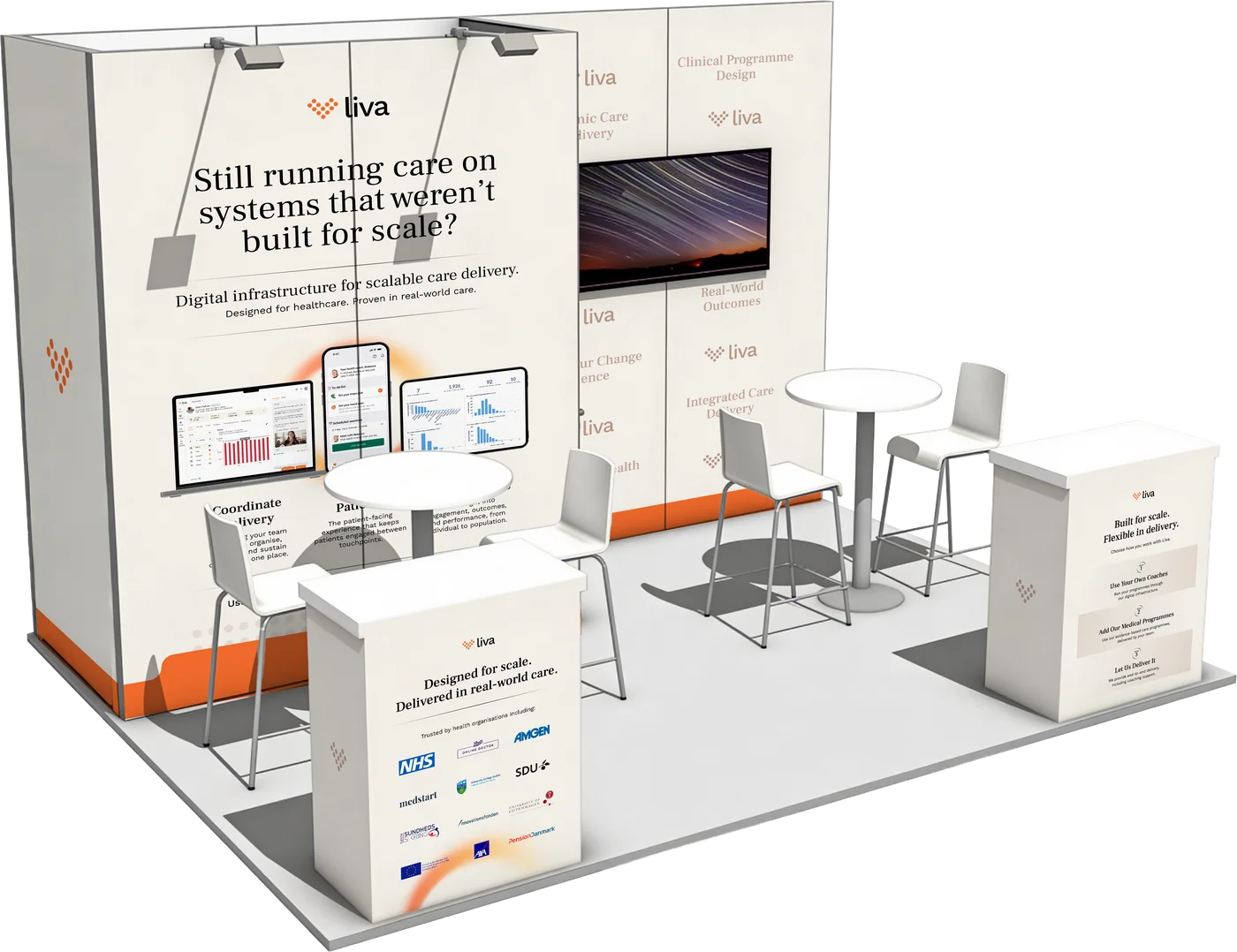 The exhibition stand: Still running care on systems that weren’t built for scale, with screens, a counter and stools.