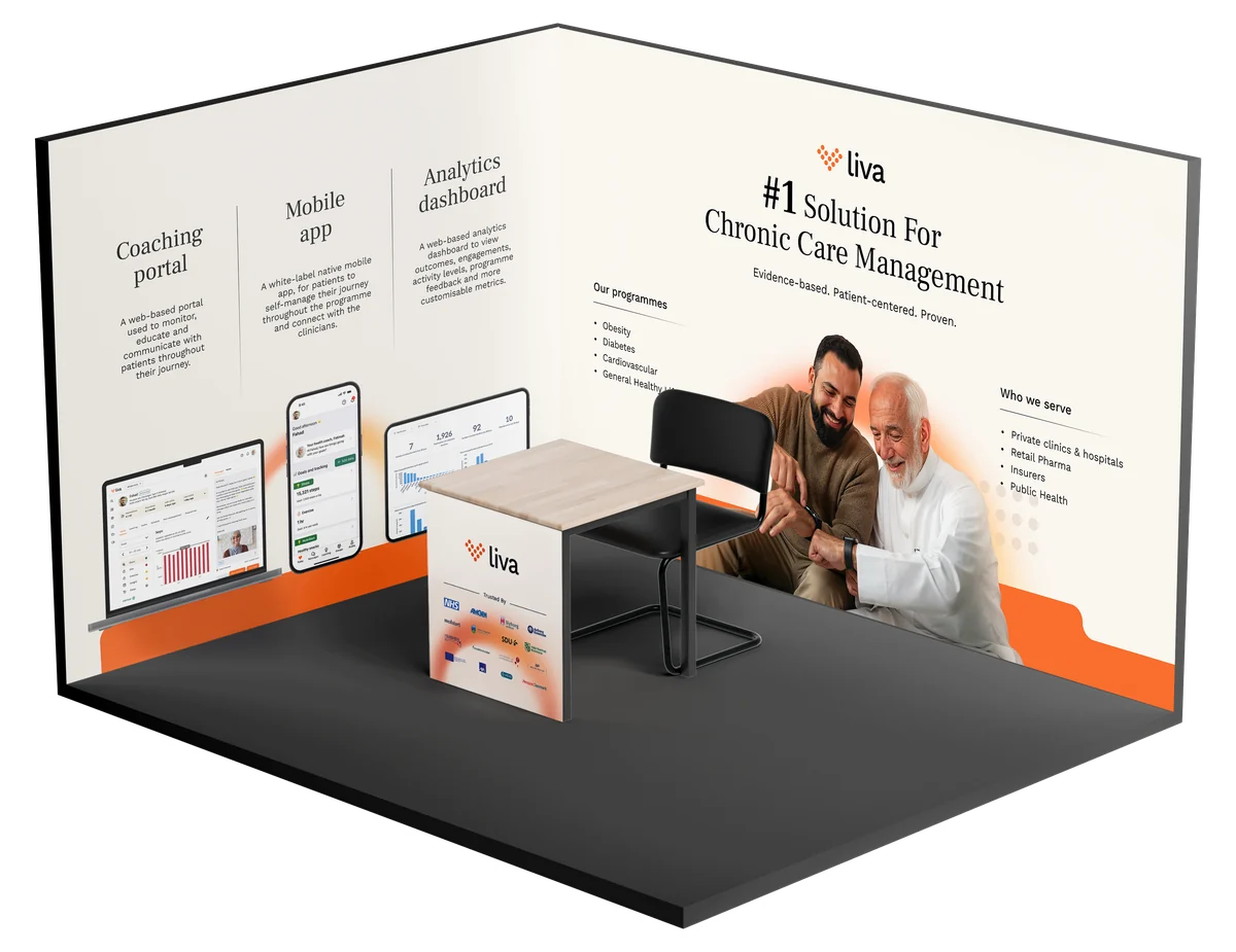 A stand for another event: the number one solution for chronic care management, with the coaching portal, mobile app and analytics dashboard along the side wall.
