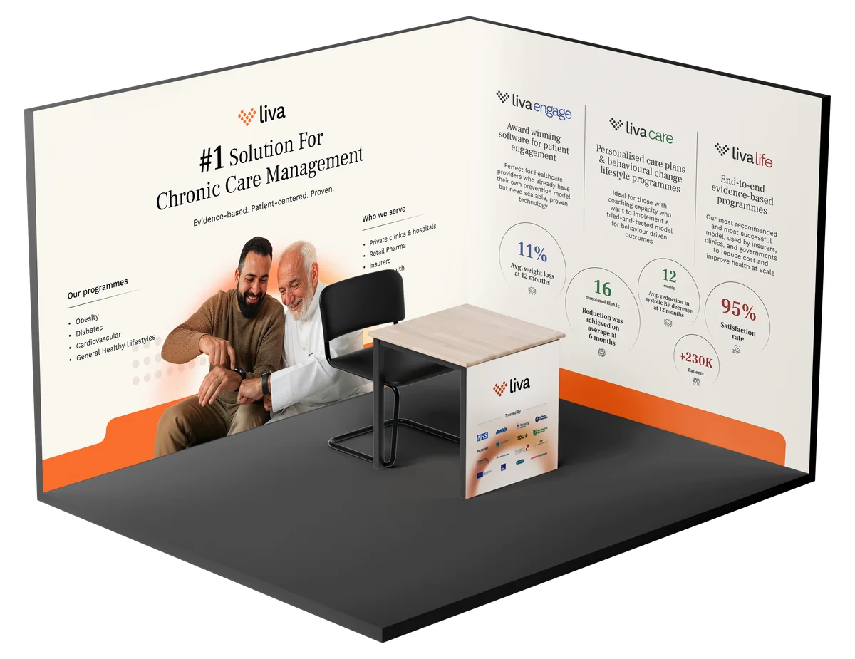 Another stand, with the product tiles and the statistics wall.