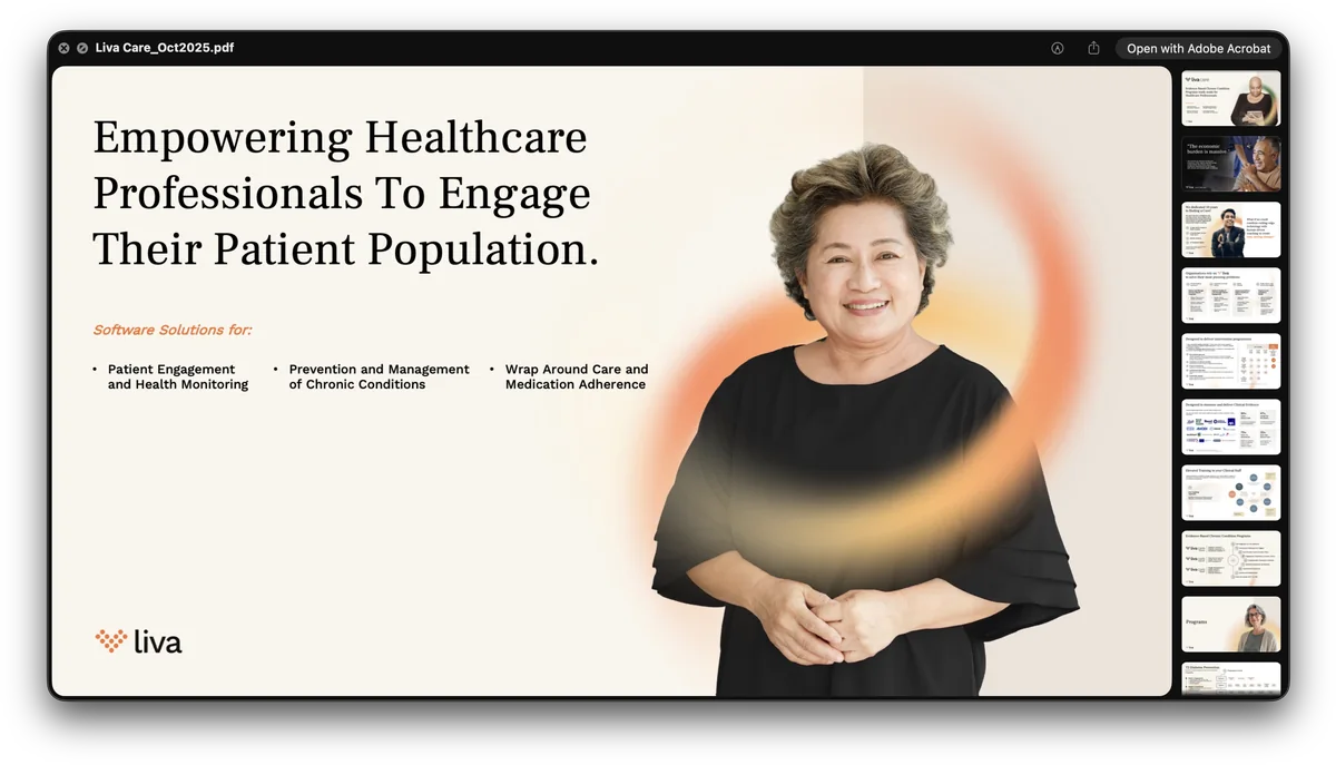 Three deck covers: Liva Care, Liva Engage, and an onboarding session run with SHL.