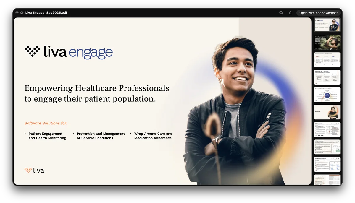 Three deck covers: Liva Care, Liva Engage, and an onboarding session run with SHL.