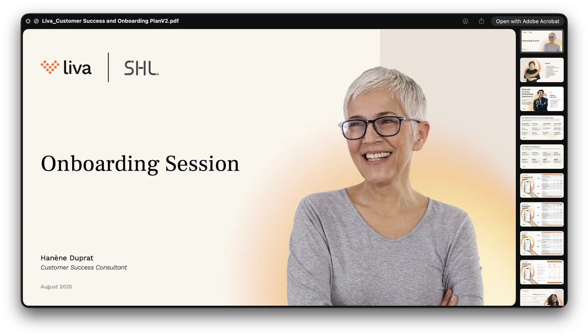 Three deck covers: Liva Care, Liva Engage, and an onboarding session run with SHL.