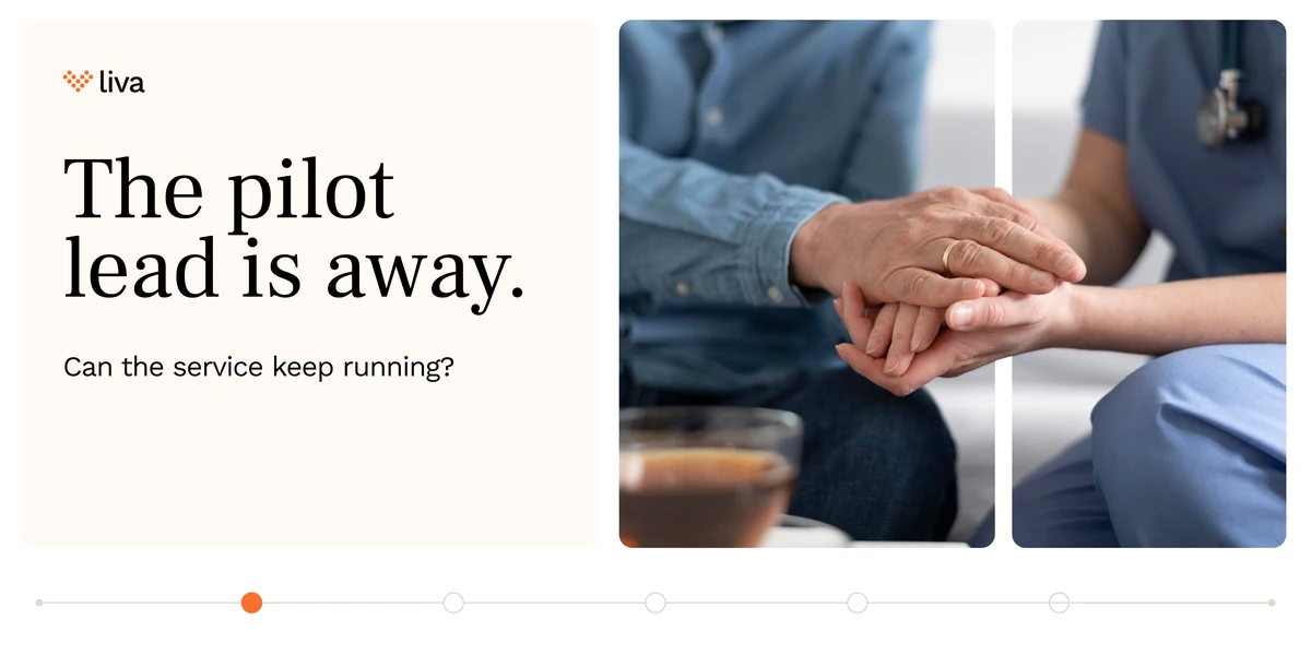 A five-slide wide carousel: the pilot lead is away — can the service keep running? Follow a new referral, follow an unresolved query, produce the next report, and rehearse the handover before expansion.
