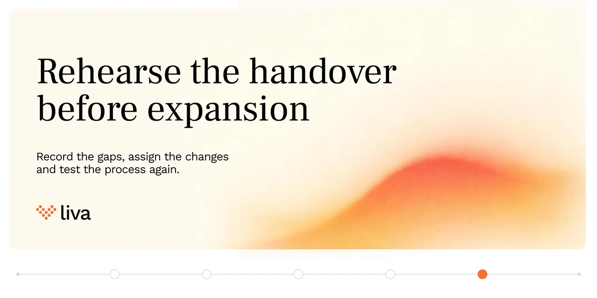 A five-slide wide carousel: the pilot lead is away — can the service keep running? Follow a new referral, follow an unresolved query, produce the next report, and rehearse the handover before expansion.