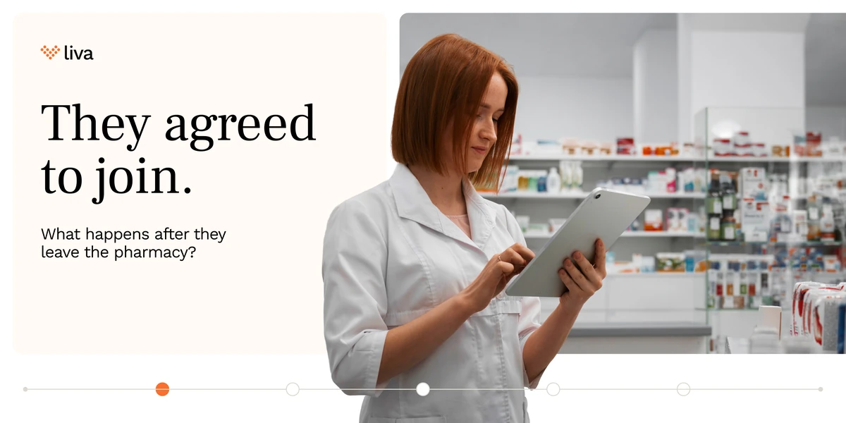 A five-slide wide carousel: They agreed to join — what happens after they leave the pharmacy? Make the next step explicit, confirm the handover, plan for an unfinished registration, and walk through the process together.