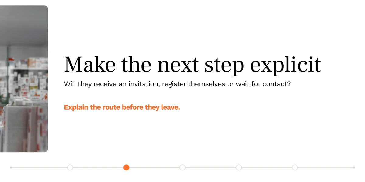 A five-slide wide carousel: They agreed to join — what happens after they leave the pharmacy? Make the next step explicit, confirm the handover, plan for an unfinished registration, and walk through the process together.