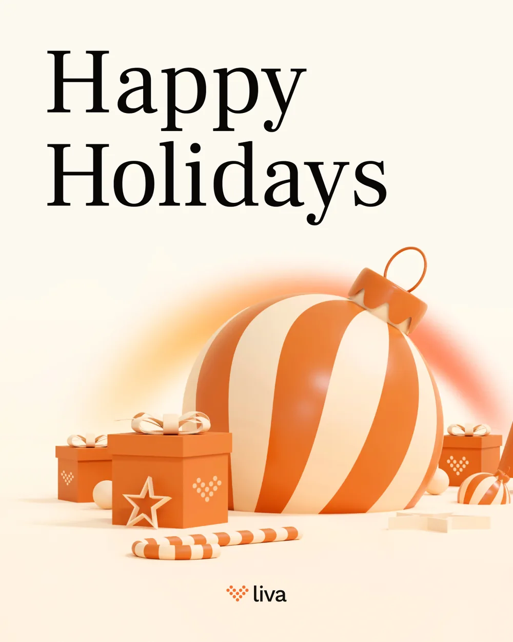 The Happy Holidays post: a striped bauble and gifts in the house orange.