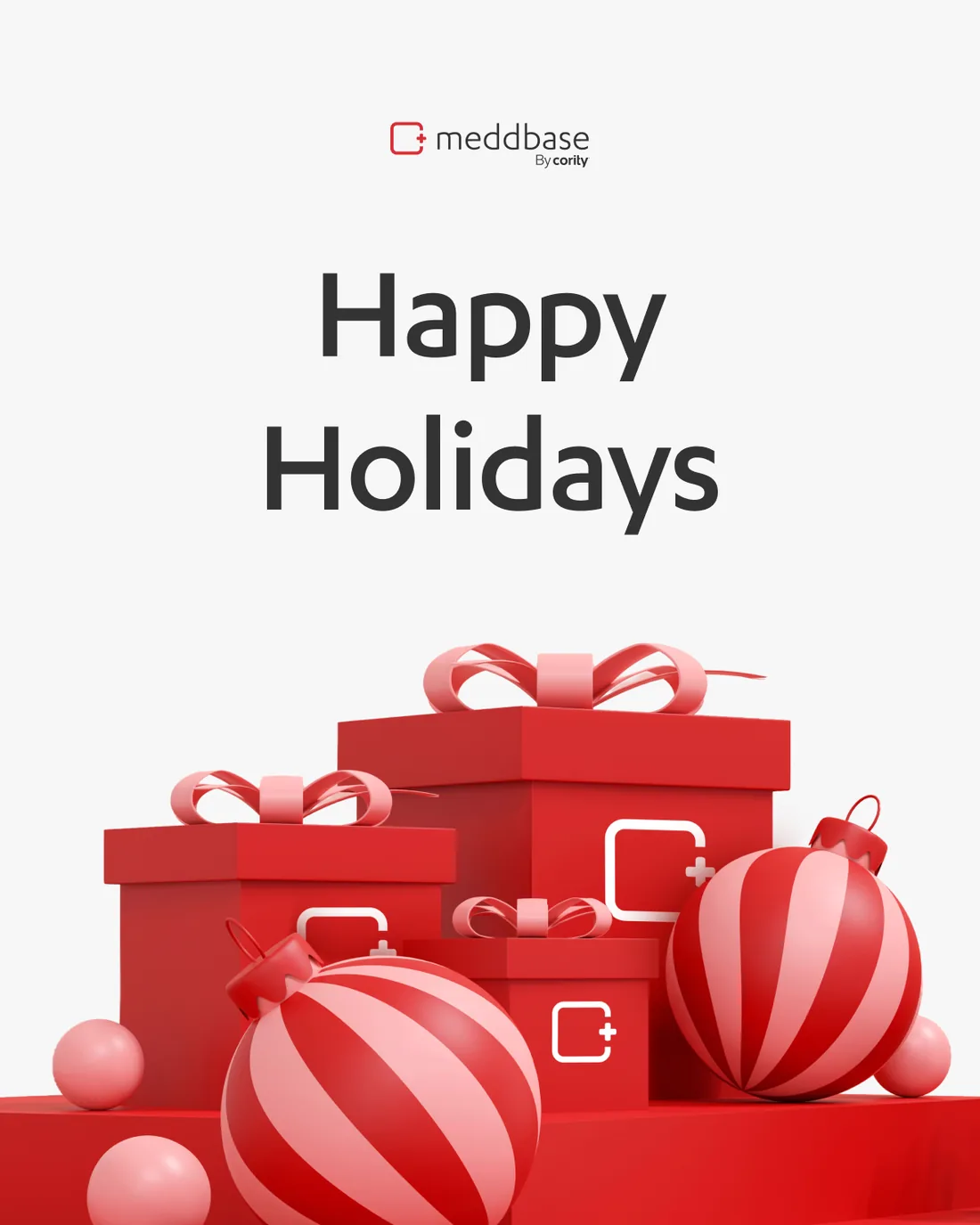 The Happy Holidays post: gifts and baubles in the house red, the logo embossed on the boxes.