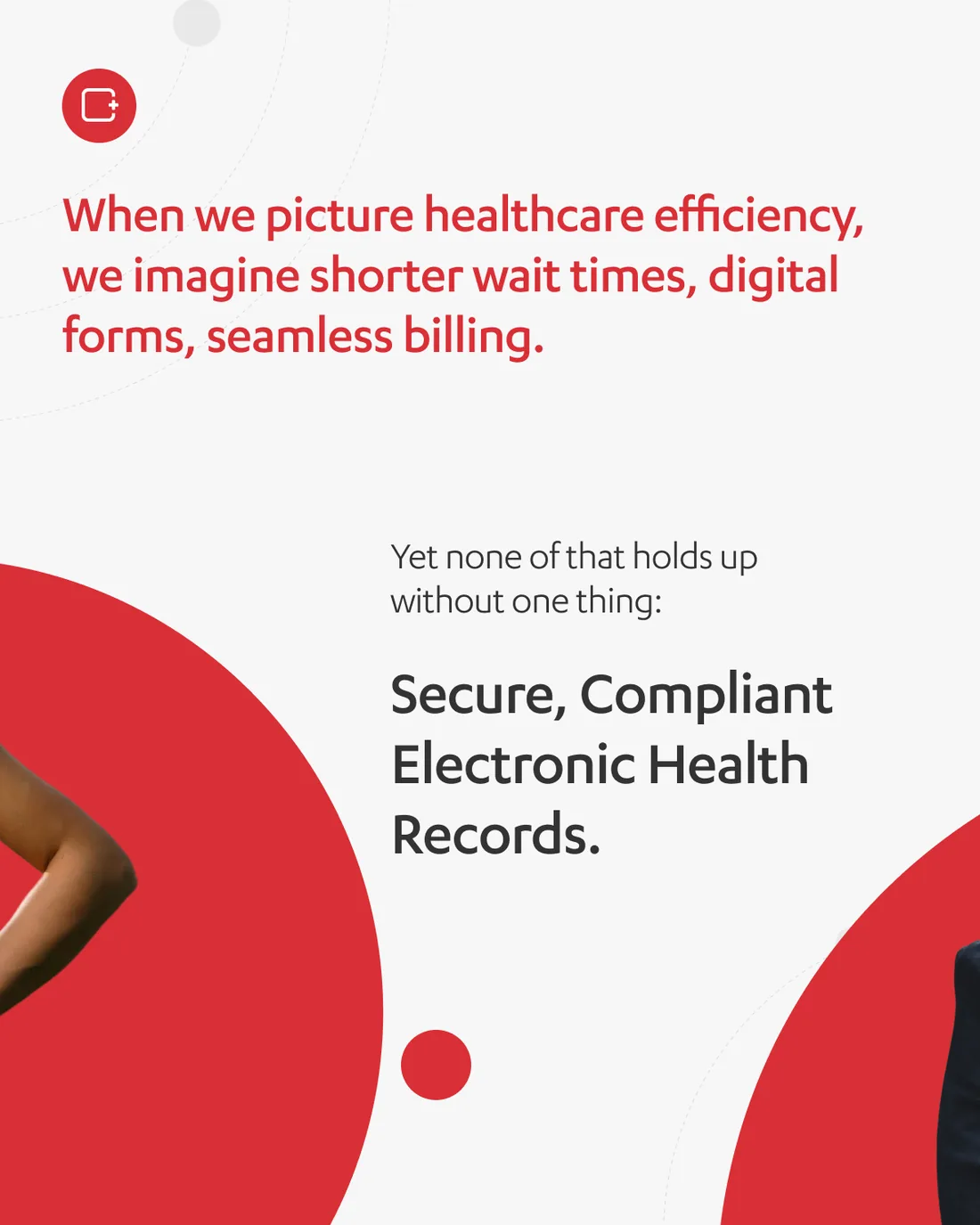 An eight-slide carousel, EHR security and compliance: The Quiet Threat Shaping Modern Healthcare — from what efficiency really rests on, through the mortality figure and the cascade after a breach, to what a compliant EHR should deliver.
