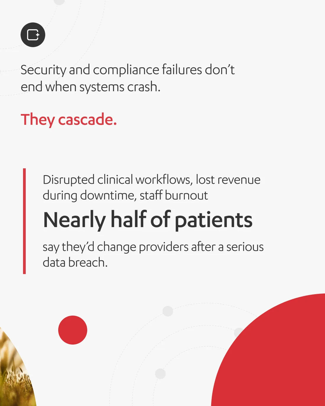 An eight-slide carousel, EHR security and compliance: The Quiet Threat Shaping Modern Healthcare — from what efficiency really rests on, through the mortality figure and the cascade after a breach, to what a compliant EHR should deliver.