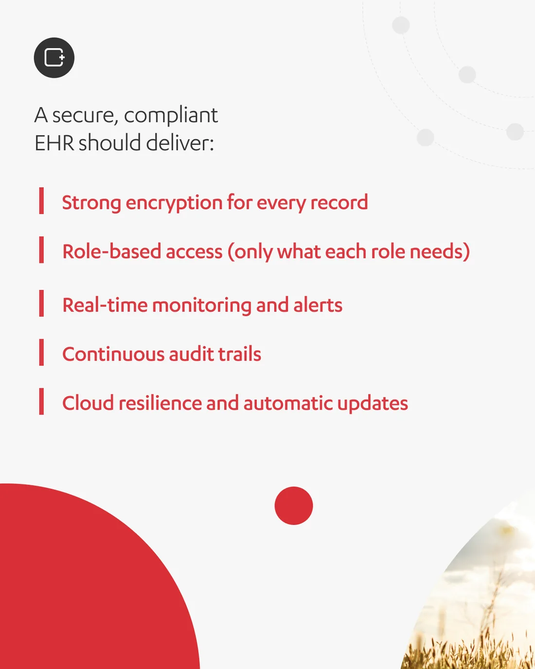 An eight-slide carousel, EHR security and compliance: The Quiet Threat Shaping Modern Healthcare — from what efficiency really rests on, through the mortality figure and the cascade after a breach, to what a compliant EHR should deliver.