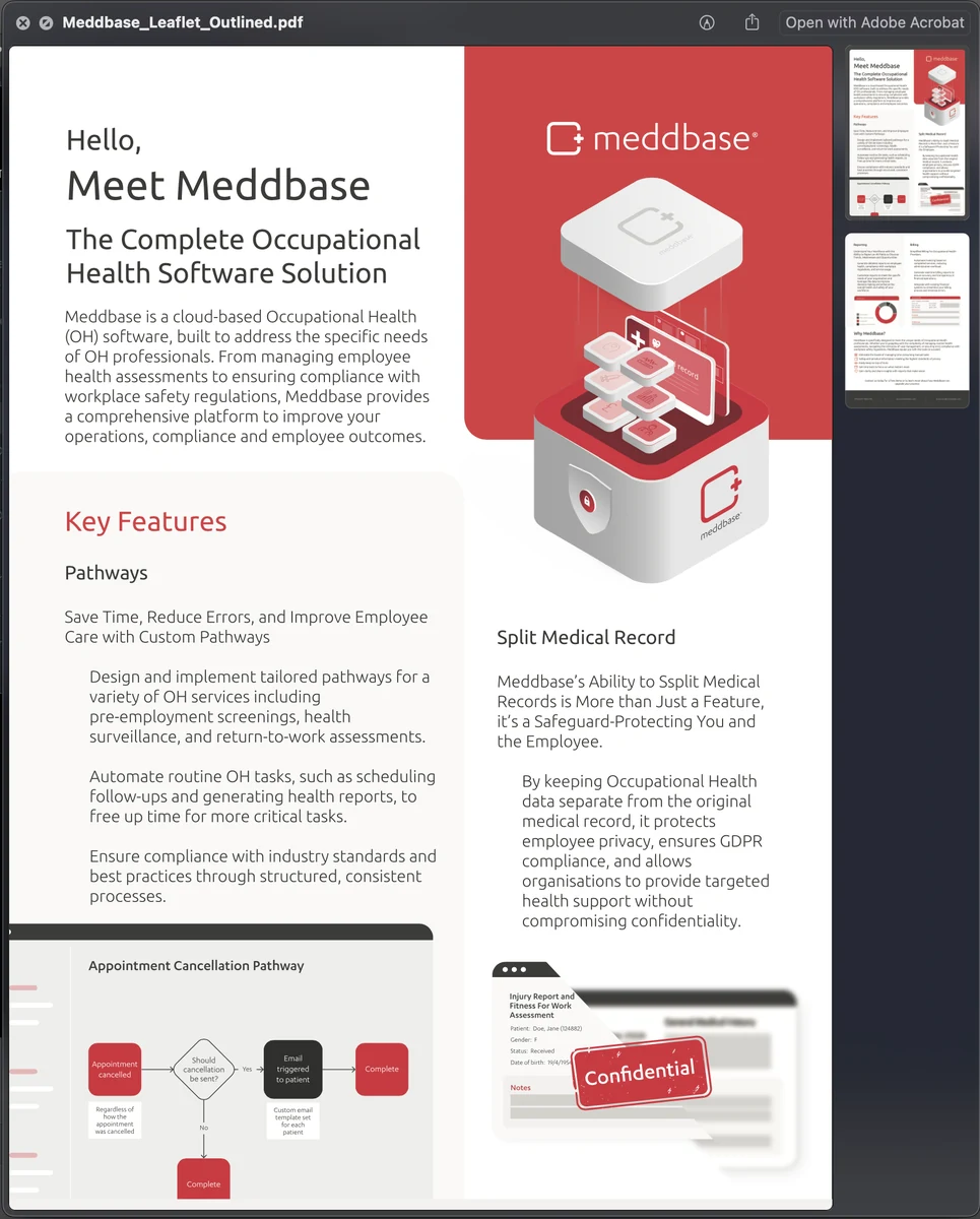 The Meet Meddbase leaflet, opening on the complete occupational health software solution.