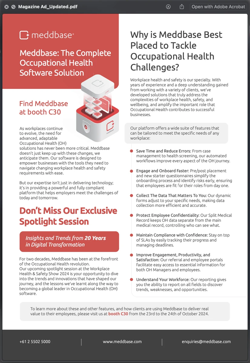 A magazine advertisement: Why is Meddbase Best Placed to Tackle Occupational Health Challenges?