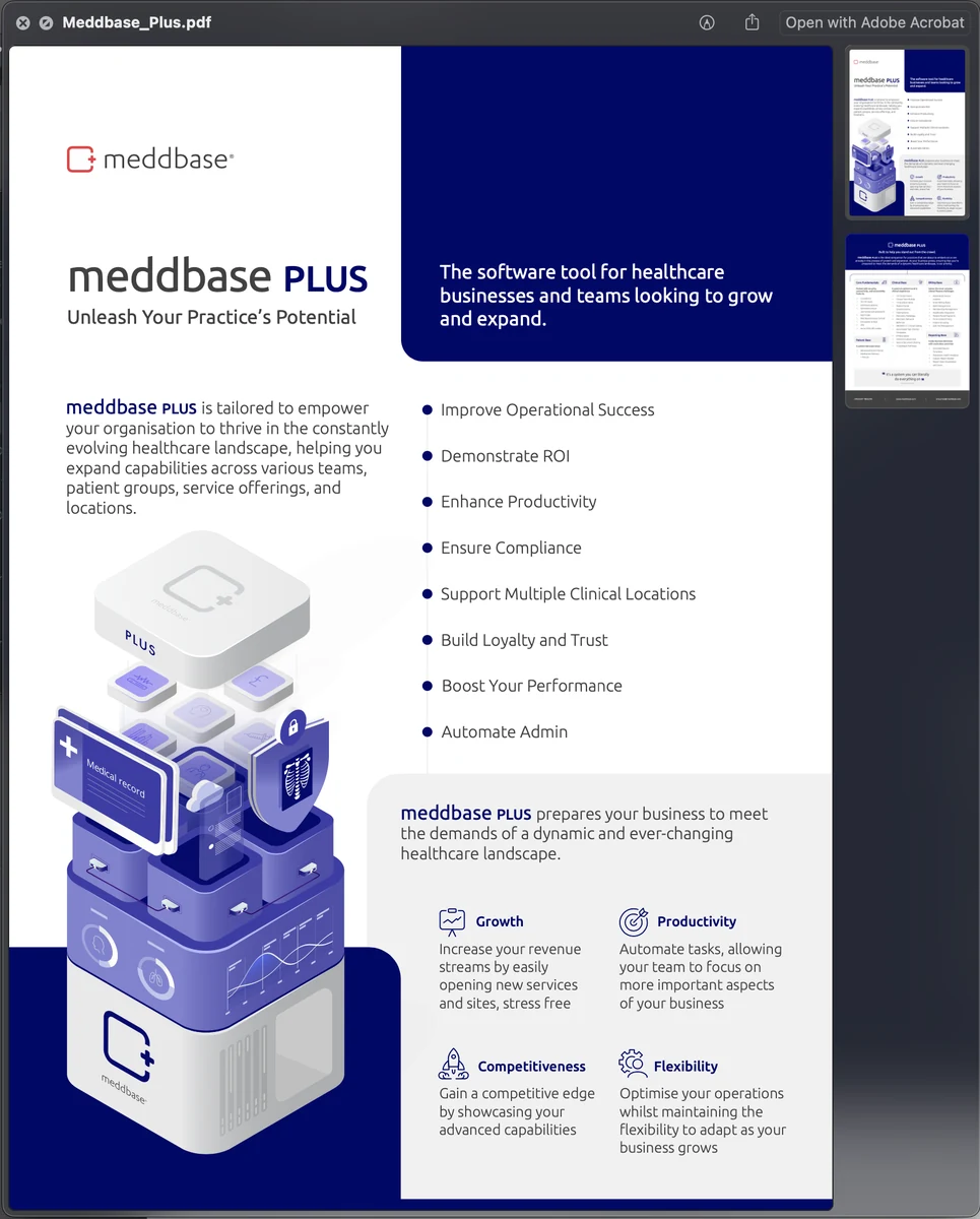The Meddbase Plus product sheet, in blue.