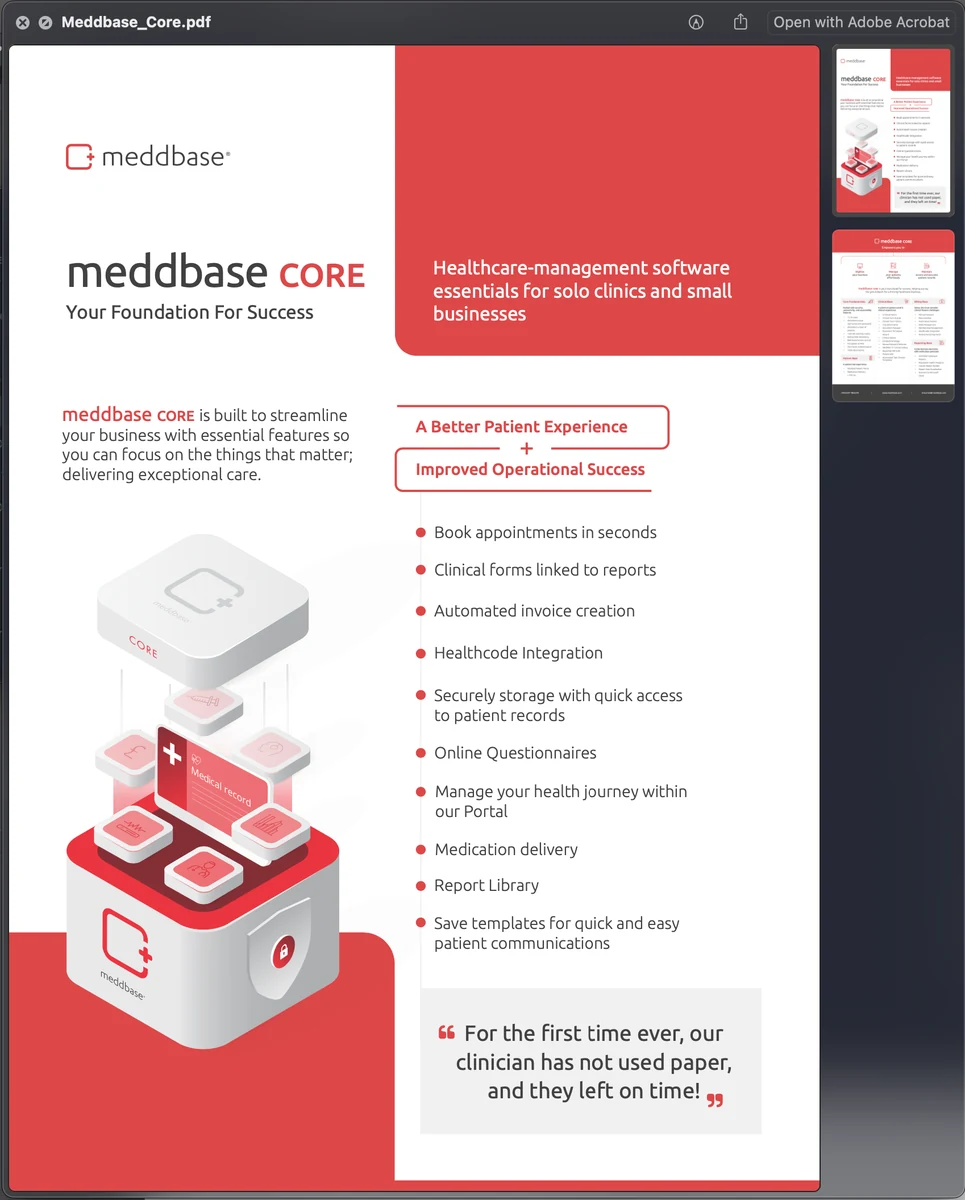 The Meddbase Core product sheet, in the house red.