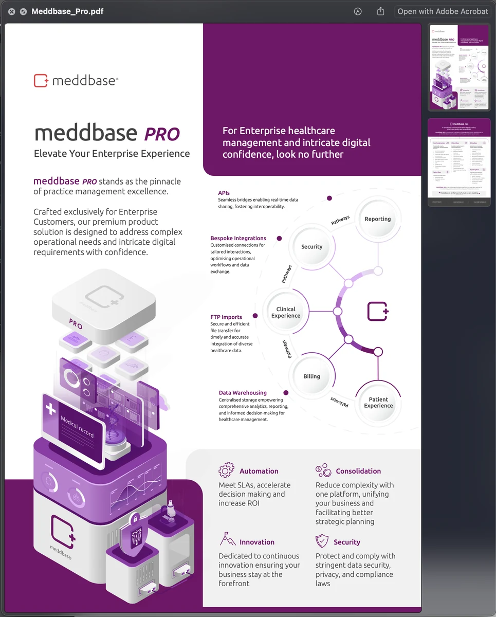 The Meddbase Pro product sheet, in purple.