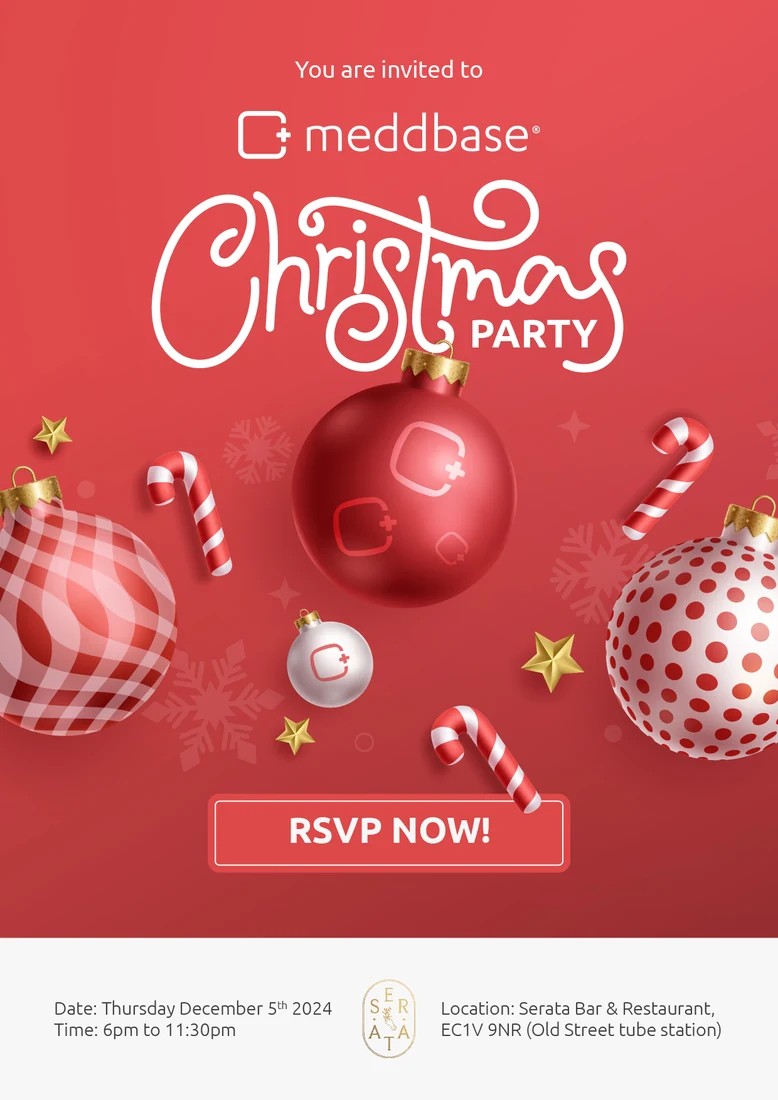 The Meddbase Christmas party invitation, with baubles and an RSVP button.