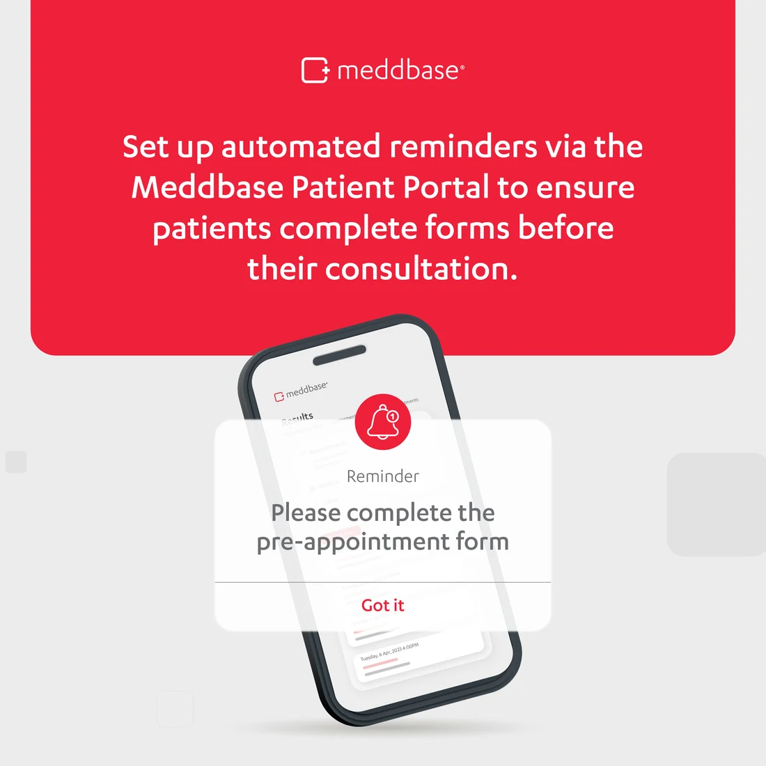 A post on automated pre-appointment form reminders, showing the patient portal reminder on a phone.