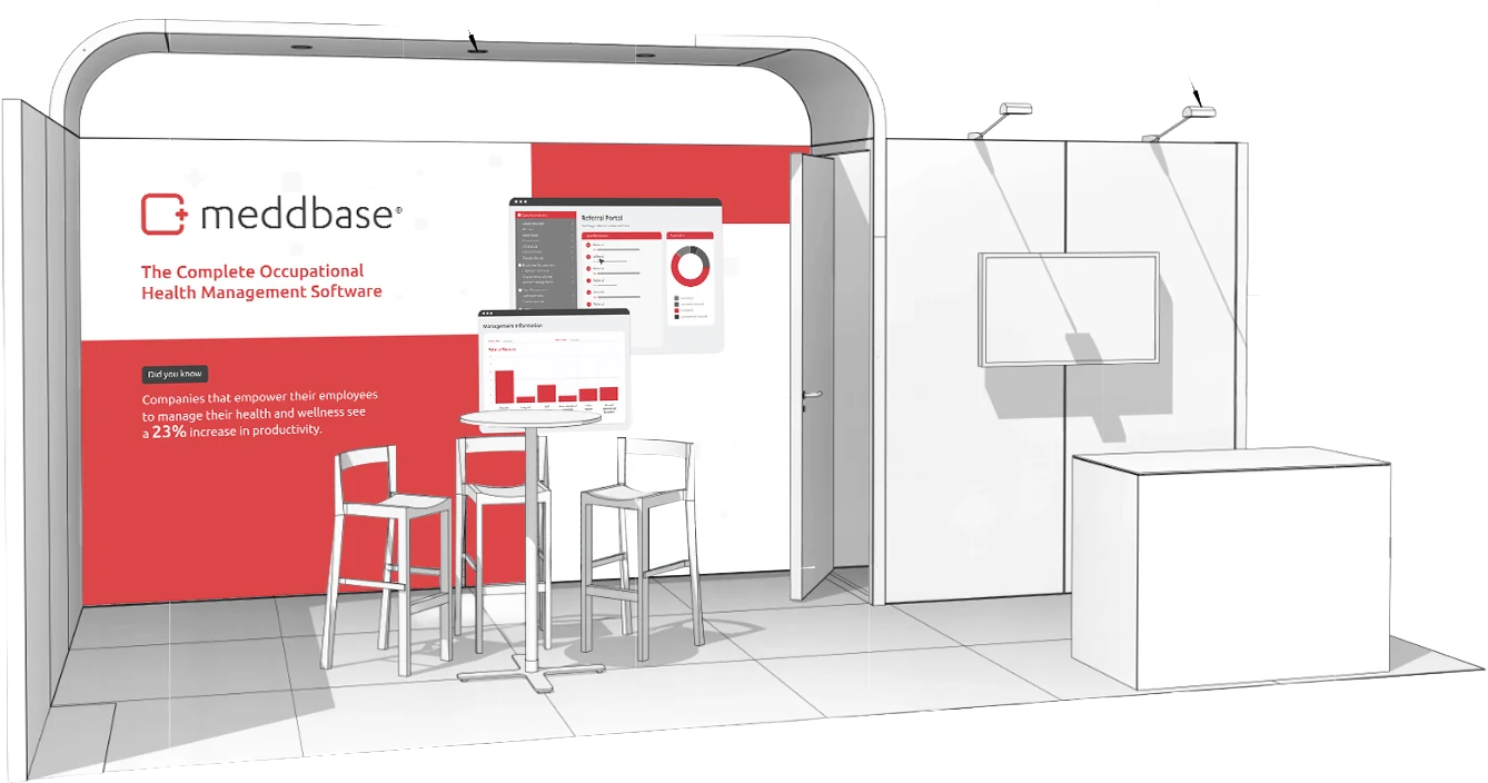 The Meddbase exhibition stand: a white and red wall carrying the product illustration, a referral portal screen and a did-you-know statistic, with stools and a counter.