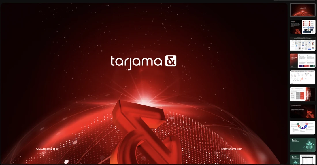 Four landscape decks: a title card on the lit ampersand, Tarjama Media and Entertainment, a comprehensive AI services overview, and One language partner, two ways to engage.
