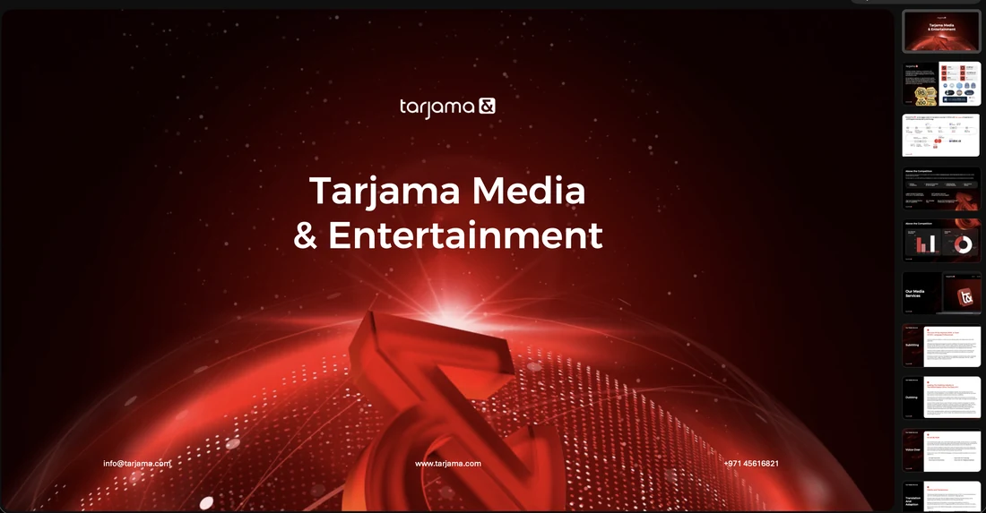 Four landscape decks: a title card on the lit ampersand, Tarjama Media and Entertainment, a comprehensive AI services overview, and One language partner, two ways to engage.