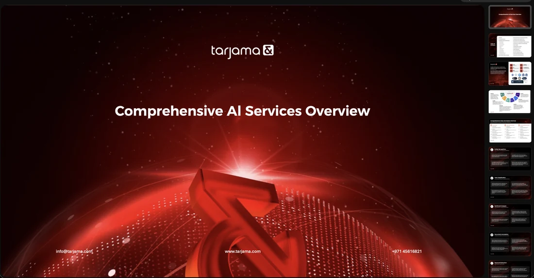 Four landscape decks: a title card on the lit ampersand, Tarjama Media and Entertainment, a comprehensive AI services overview, and One language partner, two ways to engage.