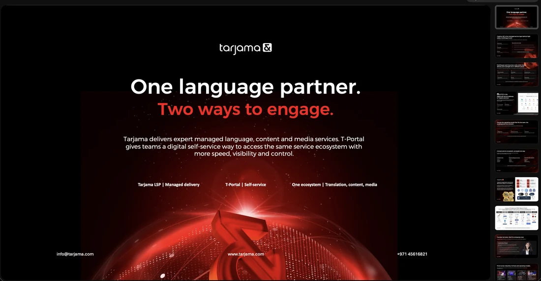 Four landscape decks: a title card on the lit ampersand, Tarjama Media and Entertainment, a comprehensive AI services overview, and One language partner, two ways to engage.