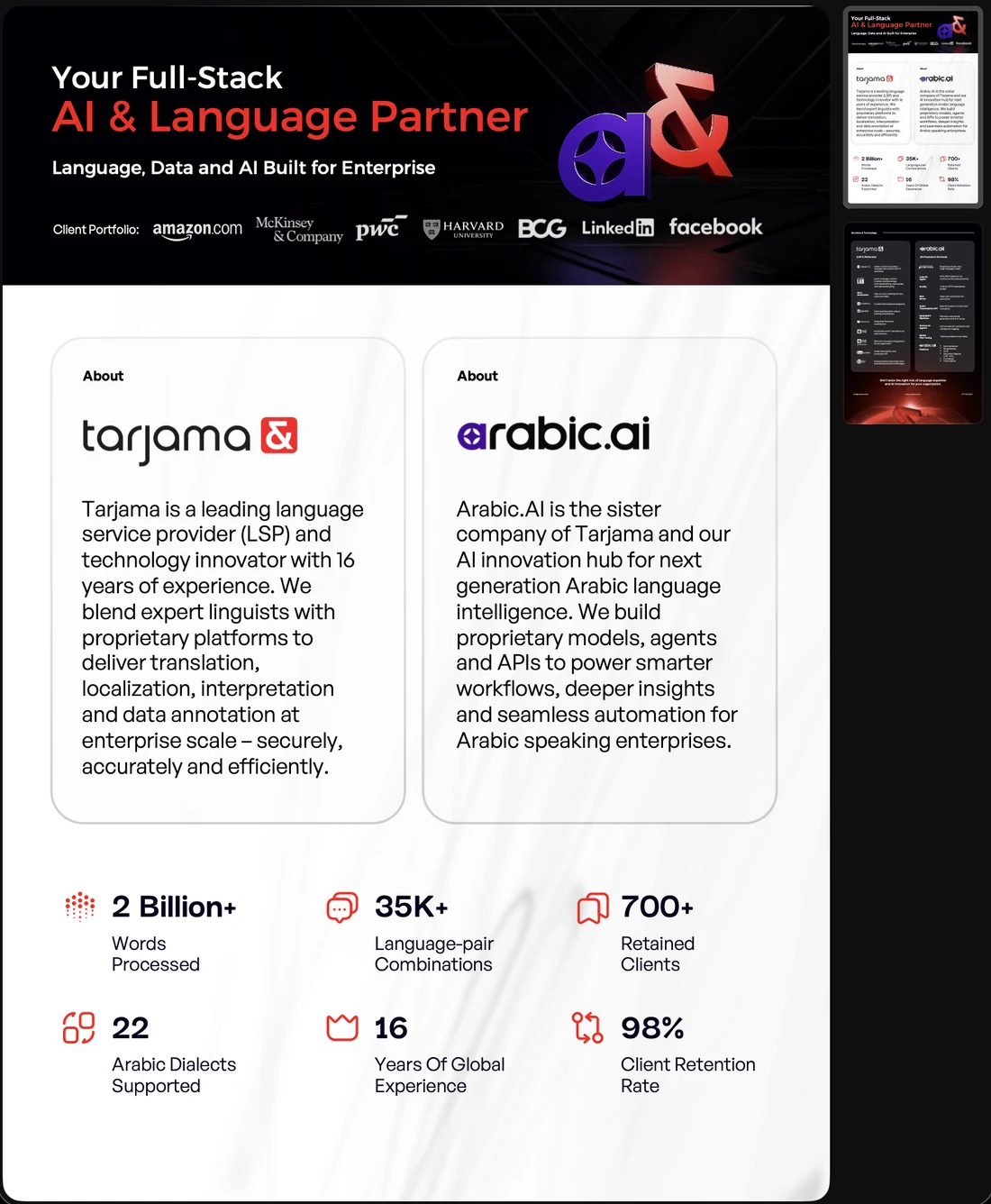 Seventeen portrait documents: one-pagers for the full-stack AI and language offer, FastScribe, Meta data annotation, data annotation and SVB; whitepapers on an Arabic-first AI-native TMS, the portal and Arabic translation for Saudi decision makers; a CleverSo sales playbook; case studies for Birkenstock, OSN, Trendyol, ESL, the Esports World Cup and Expo; and the brochure in English and Arabic.