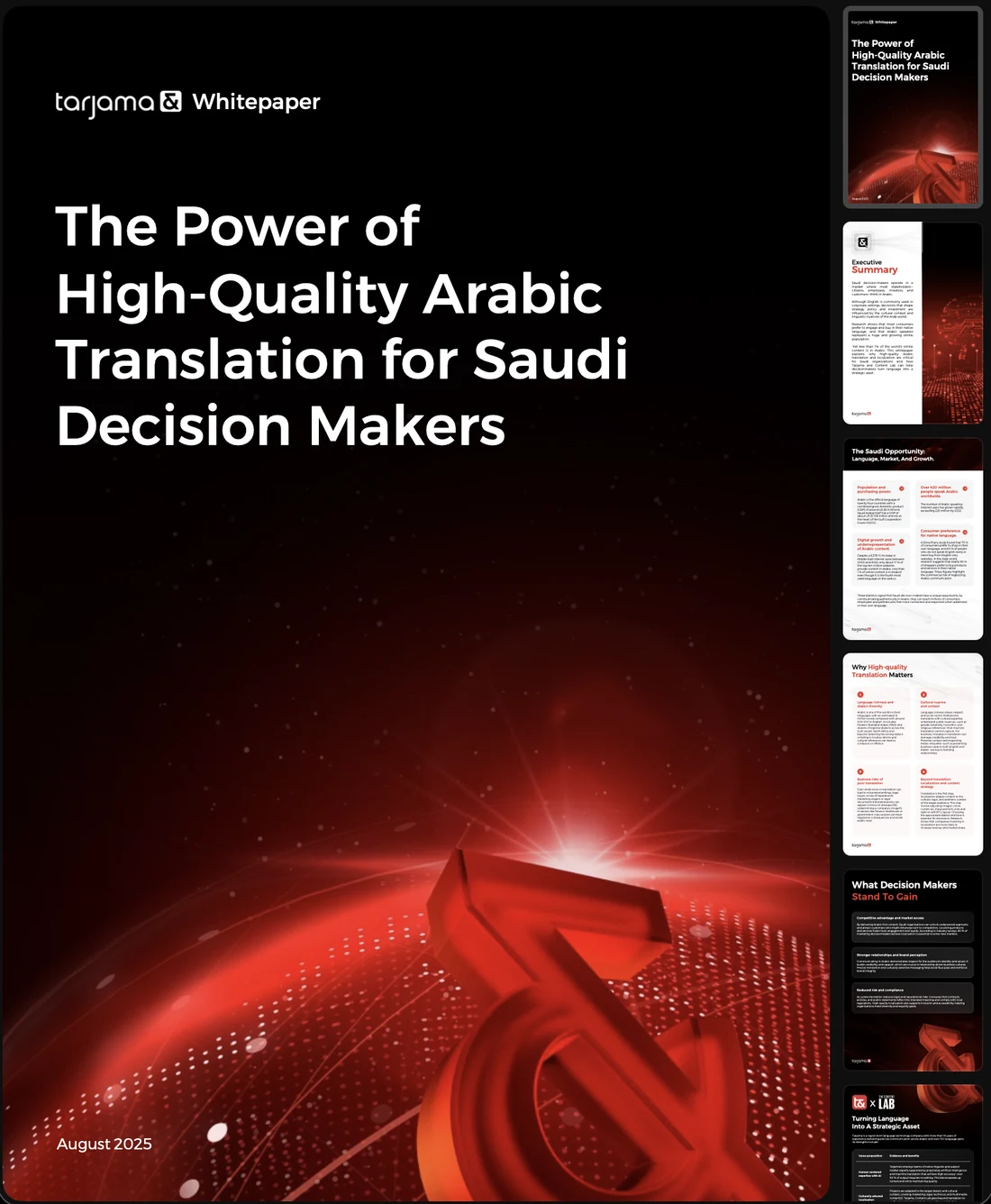 Seventeen portrait documents: one-pagers for the full-stack AI and language offer, FastScribe, Meta data annotation, data annotation and SVB; whitepapers on an Arabic-first AI-native TMS, the portal and Arabic translation for Saudi decision makers; a CleverSo sales playbook; case studies for Birkenstock, OSN, Trendyol, ESL, the Esports World Cup and Expo; and the brochure in English and Arabic.