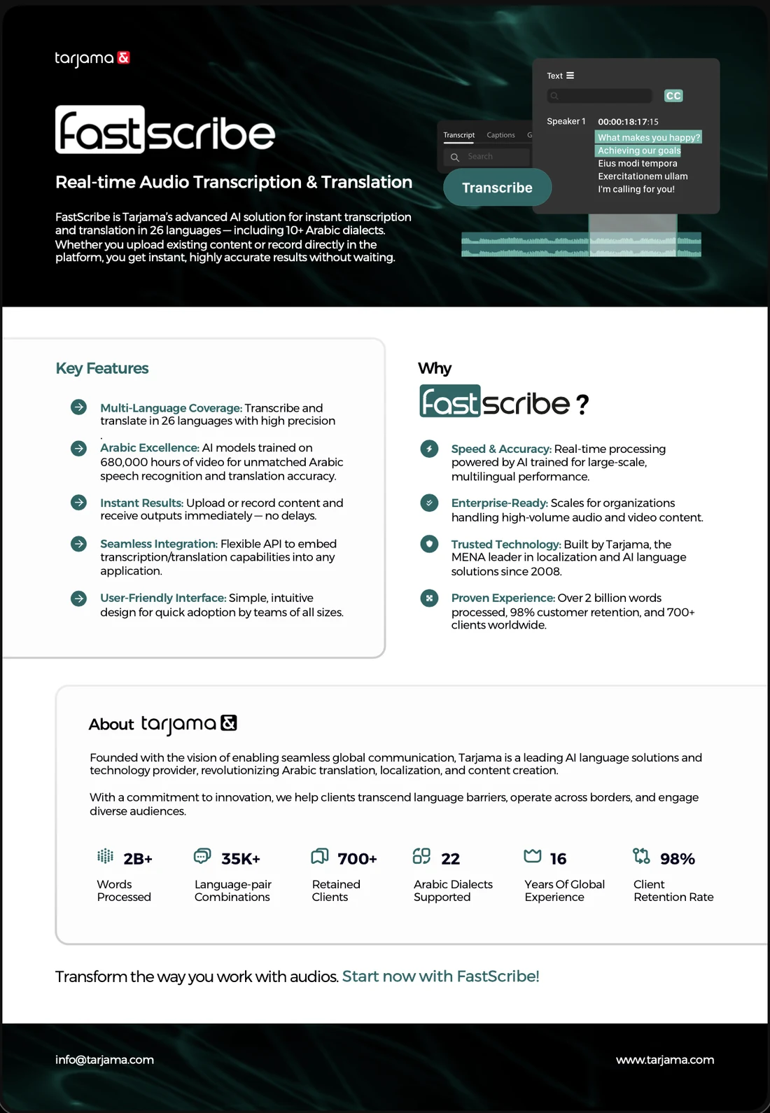 Seventeen portrait documents: one-pagers for the full-stack AI and language offer, FastScribe, Meta data annotation, data annotation and SVB; whitepapers on an Arabic-first AI-native TMS, the portal and Arabic translation for Saudi decision makers; a CleverSo sales playbook; case studies for Birkenstock, OSN, Trendyol, ESL, the Esports World Cup and Expo; and the brochure in English and Arabic.