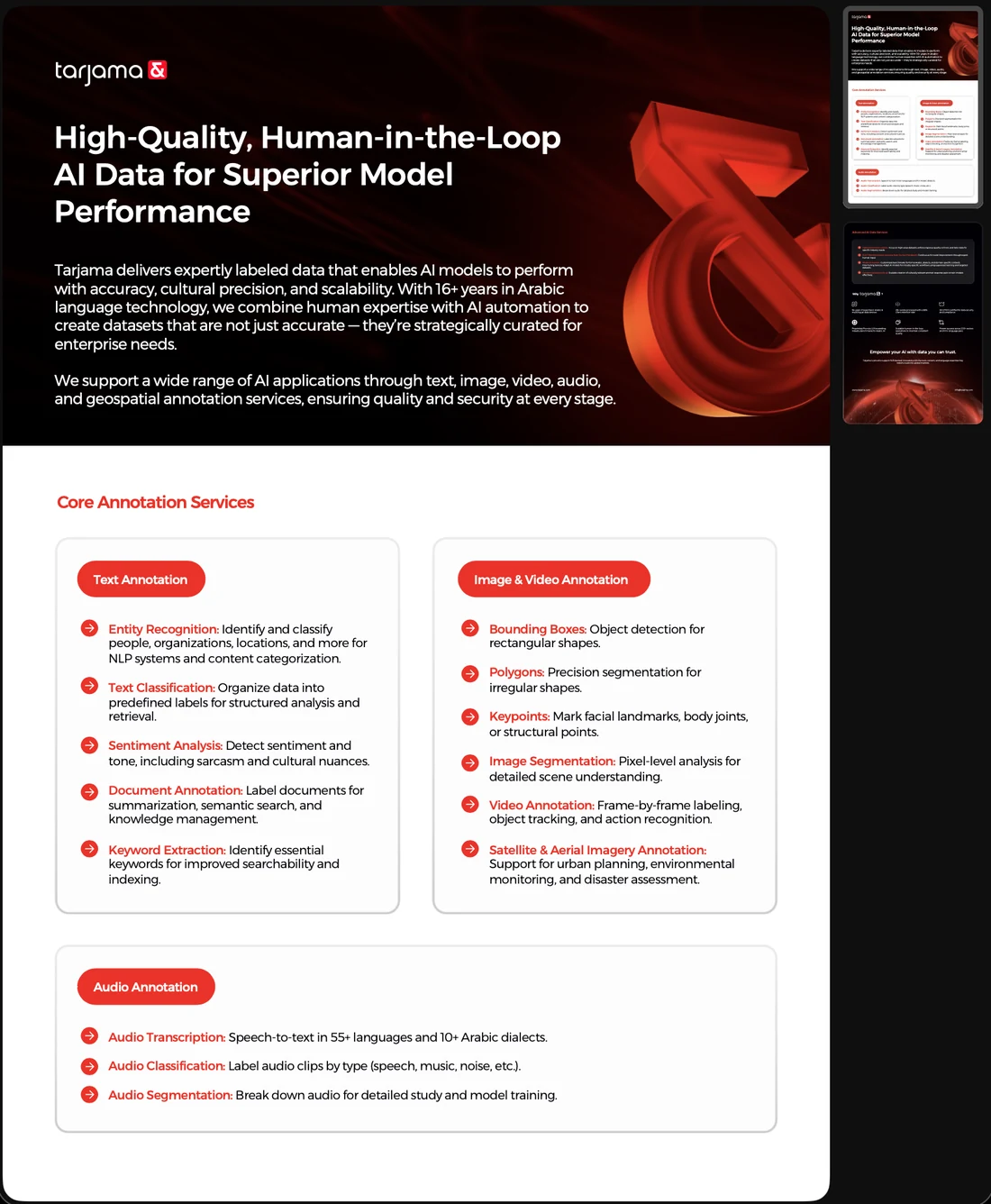Seventeen portrait documents: one-pagers for the full-stack AI and language offer, FastScribe, Meta data annotation, data annotation and SVB; whitepapers on an Arabic-first AI-native TMS, the portal and Arabic translation for Saudi decision makers; a CleverSo sales playbook; case studies for Birkenstock, OSN, Trendyol, ESL, the Esports World Cup and Expo; and the brochure in English and Arabic.
