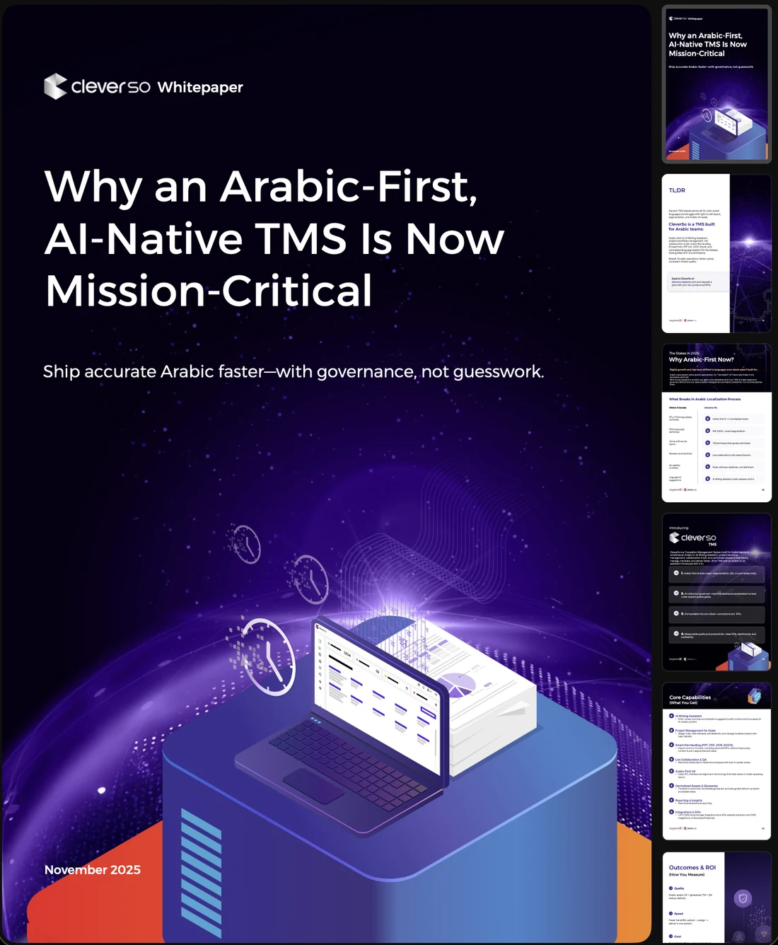 Seventeen portrait documents: one-pagers for the full-stack AI and language offer, FastScribe, Meta data annotation, data annotation and SVB; whitepapers on an Arabic-first AI-native TMS, the portal and Arabic translation for Saudi decision makers; a CleverSo sales playbook; case studies for Birkenstock, OSN, Trendyol, ESL, the Esports World Cup and Expo; and the brochure in English and Arabic.