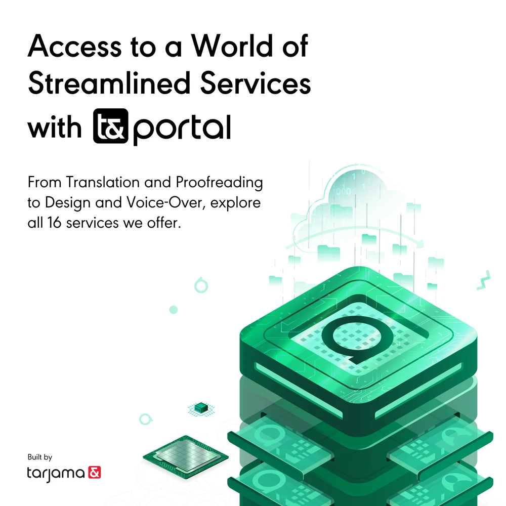 A three-slide carousel for t&portal: access to a world of streamlined services; the sixteen-service grid from translation and copyediting to subtitling and design; and a register-now card.