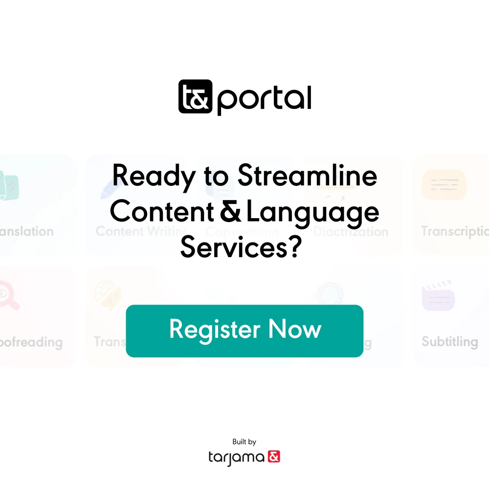 A three-slide carousel for t&portal: access to a world of streamlined services; the sixteen-service grid from translation and copyediting to subtitling and design; and a register-now card.