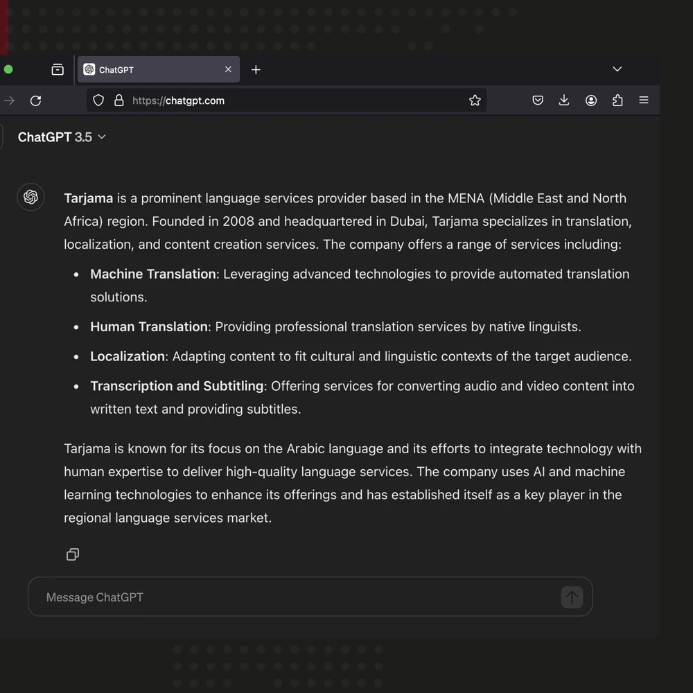 Six proof posts: recognised as industry leader in machine translation according to OpenAI’s ChatGPT, with the conversation shown; translating key projects for Axon Partners Group; optimising Noon’s translation costs by 45 per cent; boosting OSN’s engagement with 500,000 minutes of localised content; and a client testimonial from a project manager at Slash.