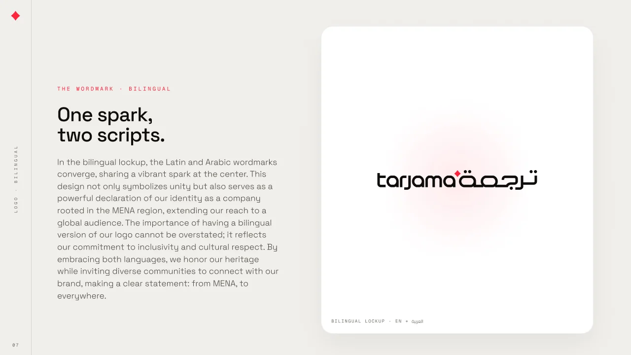 Four deck pages: One spark, two scripts — the bilingual lockup in Latin and Arabic; One mark, four surfaces — cream on dark, ink on light, white on red, and the spark alone; Our North Star — the four-point spark read as leadership in MENA, Arabic-first AI, roots in the region and global reach; and Protect the mark, six misuses struck through.
