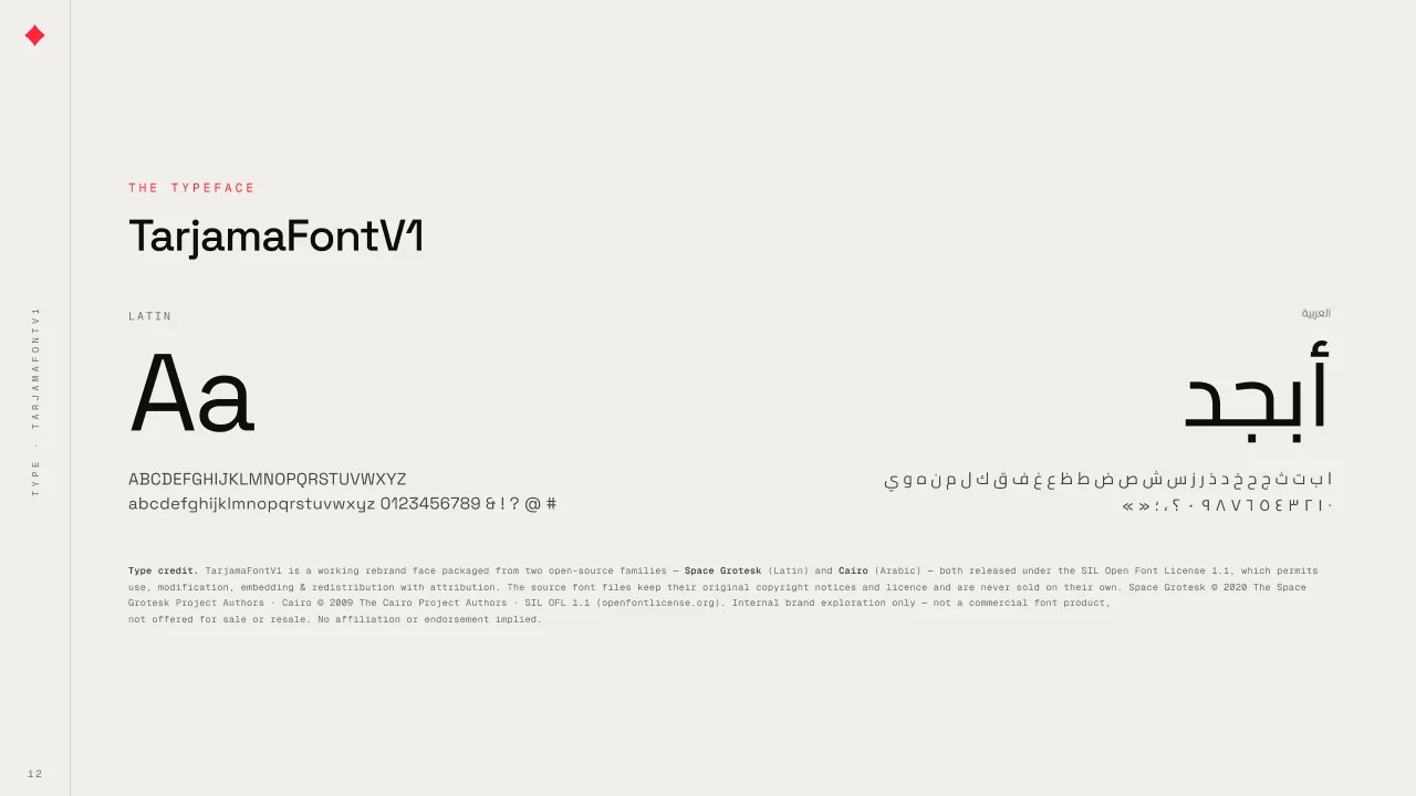 Three deck pages: One red, one black — signature red #FF243C, black #0F0D0B, cream, paper and white, never tinted or shaded; the typeface TarjamaFontV1 shown as Latin Aa and Arabic أبجد with its Space Grotesk and Cairo credits; and A measured system, the display, heading, body and label scale.