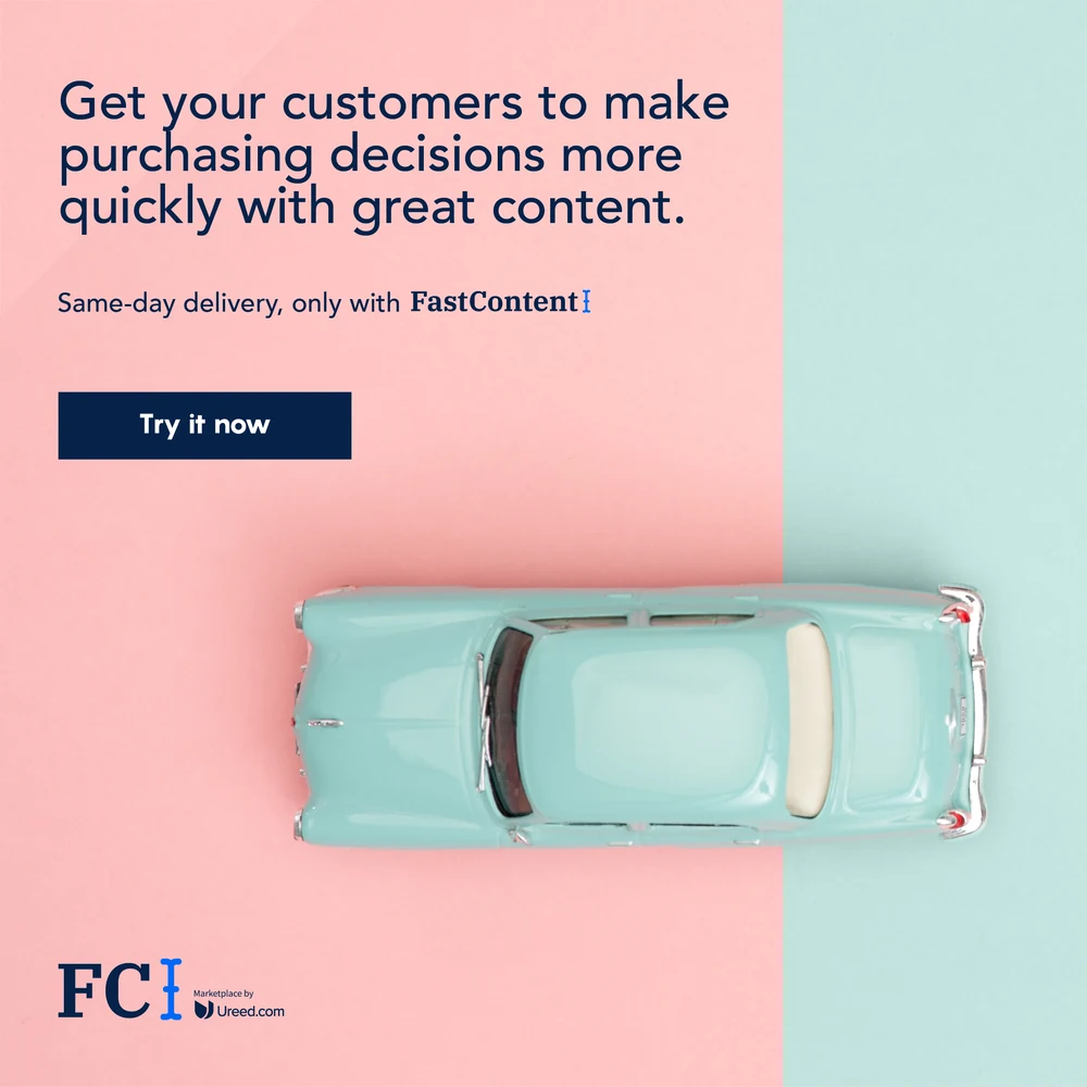 An eight-post country campaign for FastContent across the UAE, Saudi Arabia, Kuwait and Bahrain: a single object — a car, a paper boat, a telephone, a cassette, clips, headphones, a chair, an alarm clock — photographed on a split colour field with one benefit line and one button.