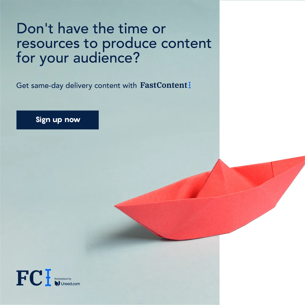 An eight-post country campaign for FastContent across the UAE, Saudi Arabia, Kuwait and Bahrain: a single object — a car, a paper boat, a telephone, a cassette, clips, headphones, a chair, an alarm clock — photographed on a split colour field with one benefit line and one button.